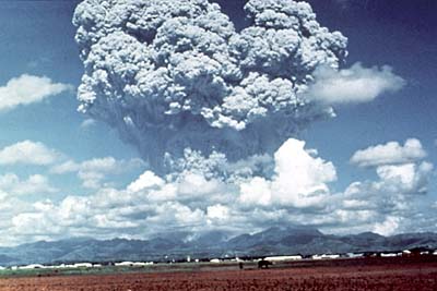 AshCloud A huge cloud of volcanic ash and gas rises above Mount Pinatubo, Philippines, on June 12, 1991. Three days later, the volcano exploded in the second-largest volcanic eruption on Earth in this century. Timely forecasts of this eruption by scientists from the Philippine Institute of Volcanology and Seismology and the U.S. Geological Survey enabled people living near the volcano to evacuate to safer distances, saving at least 5,000 lives.
